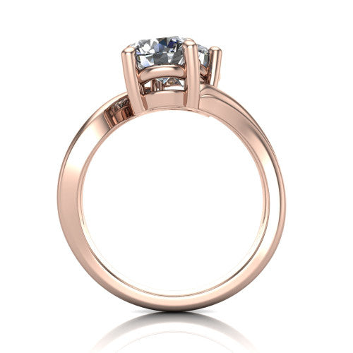 Lexi round three stone engagement ring in 18K Rose Gold, through-finger front profile showing the two-stone head and bypass split shank arms