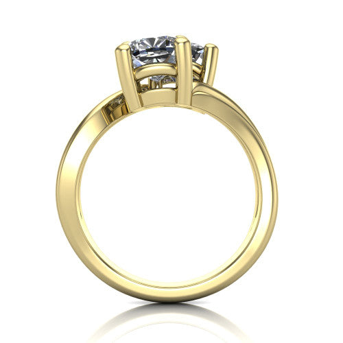 Lexi cushion three stone engagement ring in 18K Yellow Gold, through-finger front profile showing the two-stone head and bypass split shank arms