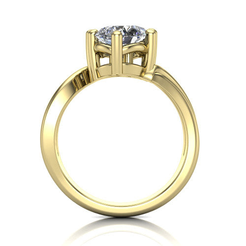 Lexi pear three stone engagement ring in 14K Yellow Gold, through-finger front profile showing the two-stone head and bypass split shank arms