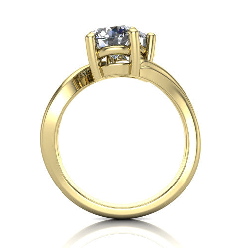 Lexi round three stone engagement ring in 18K Yellow Gold, through-finger front profile showing the two-stone head and bypass split shank arms