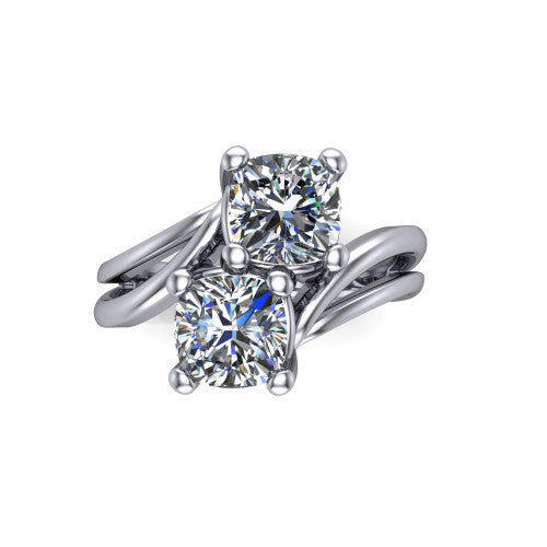 Lexi cushion three stone engagement ring in 18K White Gold, top-down view showing two brilliant cushion-cut diamonds set diagonally in a toi et moi bypass arrangement