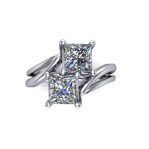 Lexi princess three stone engagement ring in 18K White Gold, top-down view showing two brilliant princess-cut diamonds set diagonally in a toi et moi bypass arrangement