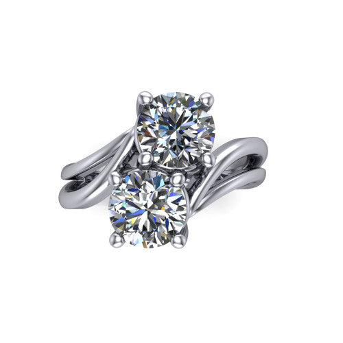 Lexi round three stone engagement ring in Platinum, top-down view showing two brilliant round diamonds set diagonally in a toi et moi bypass arrangement