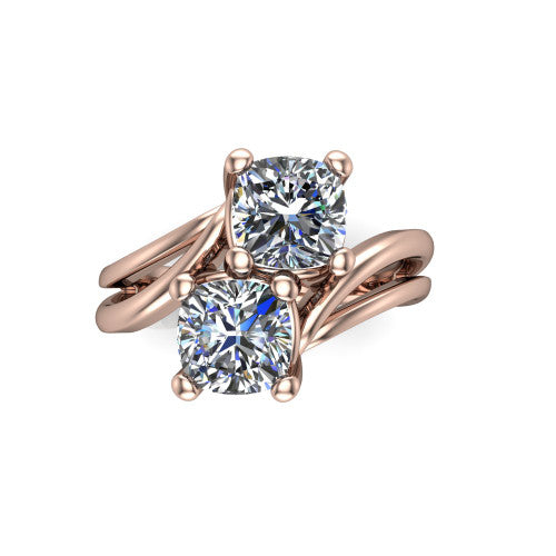 Lexi cushion three stone engagement ring in 14K Rose Gold, top-down view showing two brilliant cushion-cut diamonds set diagonally in a toi et moi bypass arrangement