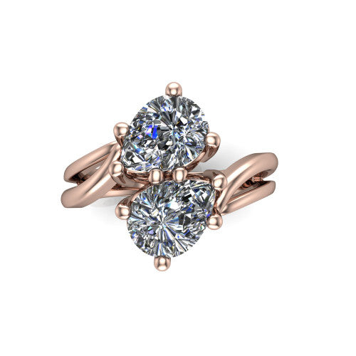 Lexi pear three stone engagement ring in 18K Rose Gold, top-down view showing two brilliant pear-cut diamonds set diagonally in a toi et moi bypass arrangement