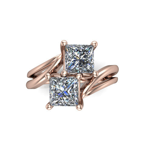Lexi princess three stone engagement ring in 18K Rose Gold, top-down view showing two brilliant princess-cut diamonds set diagonally in a toi et moi bypass arrangement