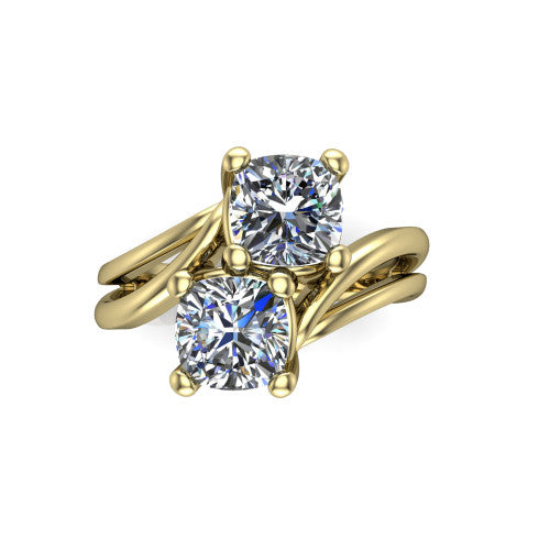Lexi cushion three stone engagement ring in 14K Yellow Gold, top-down view showing two brilliant cushion-cut diamonds set diagonally in a toi et moi bypass arrangement