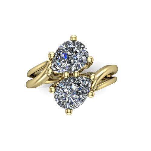 Lexi pear three stone engagement ring in 14K Yellow Gold, top-down view showing two brilliant pear-cut diamonds set diagonally in a toi et moi bypass arrangement