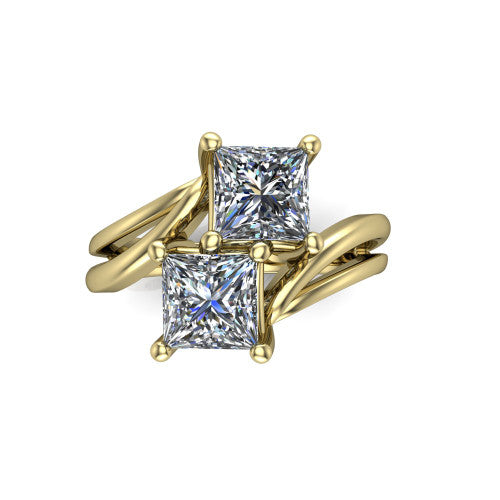 Lexi princess three stone engagement ring in 14K Yellow Gold, top-down view showing two brilliant princess-cut diamonds set diagonally in a toi et moi bypass arrangement