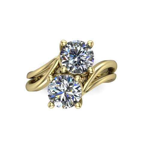 Lexi round three stone engagement ring in 18K Yellow Gold, top-down view showing two brilliant round diamonds set diagonally in a toi et moi bypass arrangement