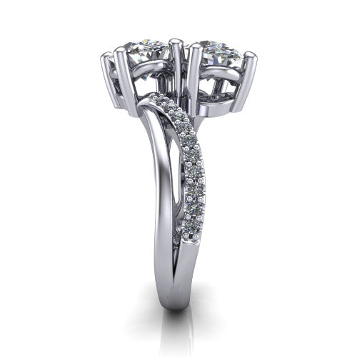 Julieta oval three stone engagement ring in 14K White Gold, side profile showing the bypass split shank arms with pave diamonds running along both bands