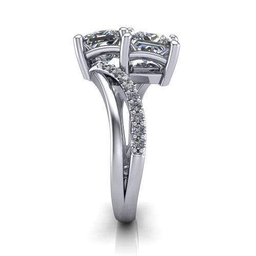 Julieta princess three stone engagement ring in 18K White Gold, side profile showing the bypass split shank arms with pave diamonds running along both bands