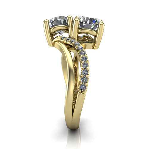Julieta round three stone engagement ring in 14K Yellow Gold, side profile showing the bypass split shank arms with pave diamonds running along both bands