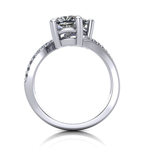 Julieta cushion three stone engagement ring in 18K White Gold, through-finger front profile showing the two-stone head and bypass split shank arms