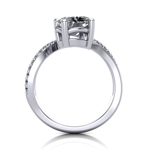 Julieta oval three stone engagement ring in 14K White Gold, through-finger front profile showing the two-stone head and bypass split shank arms