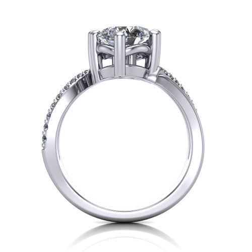Julieta pear three stone engagement ring in 14K White Gold, through-finger front profile showing the two-stone head and bypass split shank arms