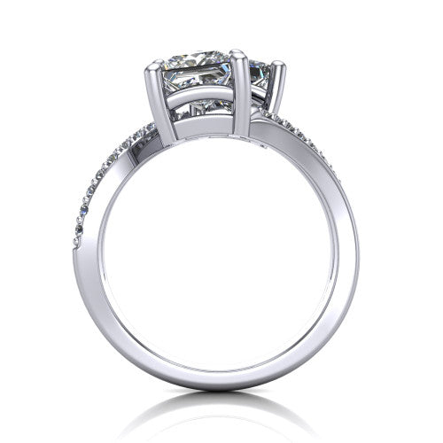 Julieta princess three stone engagement ring in 14K White Gold, through-finger front profile showing the two-stone head and bypass split shank arms