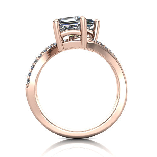 Julieta square emerald three stone engagement ring in 14K Rose Gold, through-finger front profile showing the two-stone head and bypass split shank arms