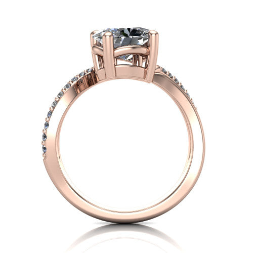 Julieta oval three stone engagement ring in 14K Rose Gold, through-finger front profile showing the two-stone head and bypass split shank arms