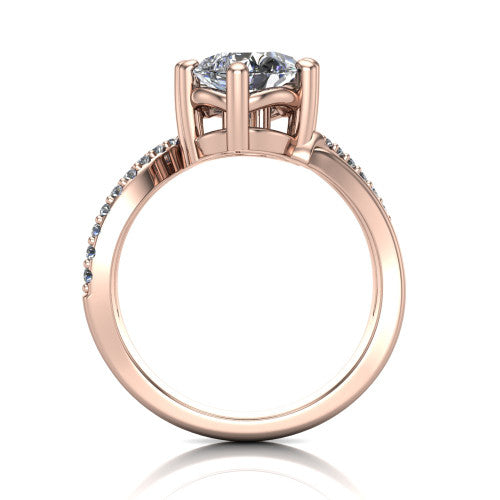 Julieta pear three stone engagement ring in 18K Rose Gold, through-finger front profile showing the two-stone head and bypass split shank arms