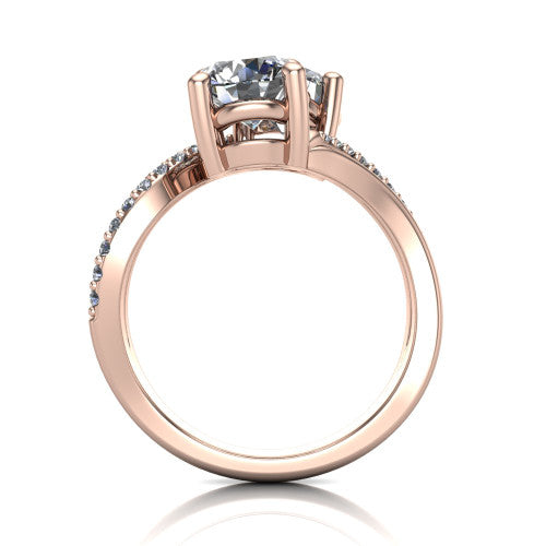 Julieta round three stone engagement ring in 14K Rose Gold, through-finger front profile showing the two-stone head and bypass split shank arms