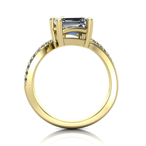Julieta emerald three stone engagement ring in 14K Yellow Gold, through-finger front profile showing the two-stone head and bypass split shank arms