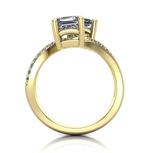 Julieta square emerald three stone engagement ring in 14K Yellow Gold, through-finger front profile showing the two-stone head and bypass split shank arms