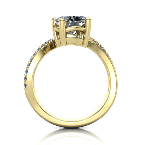 Julieta oval three stone engagement ring in 18K Yellow Gold, through-finger front profile showing the two-stone head and bypass split shank arms