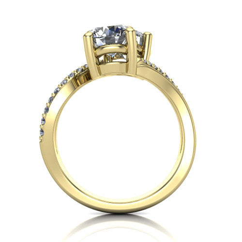 Julieta round three stone engagement ring in 18K Yellow Gold, through-finger front profile showing the two-stone head and bypass split shank arms