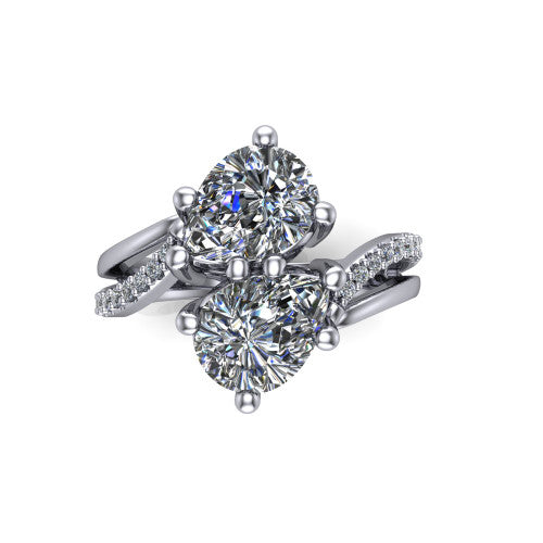 Julieta pear three stone engagement ring in 18K White Gold, top-down view showing two brilliant pear-cut diamonds set diagonally in a toi et moi bypass arrangement