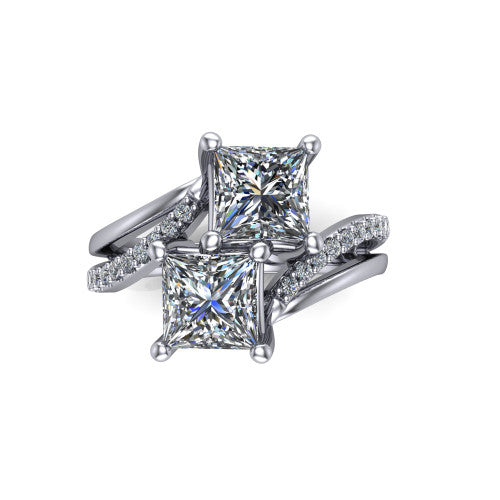 Julieta princess three stone engagement ring in 14K White Gold, top-down view showing two brilliant princess-cut diamonds set diagonally in a toi et moi bypass arrangement