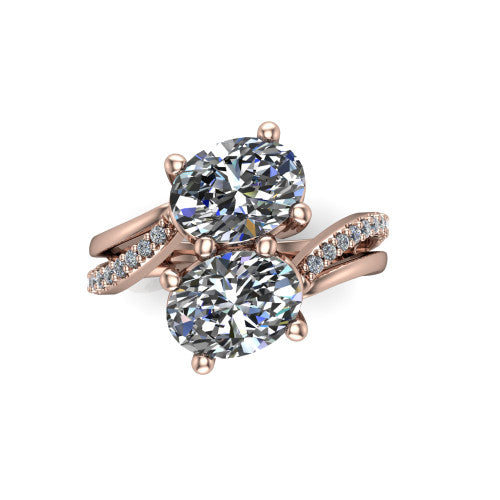 Julieta oval three stone engagement ring in 14K Rose Gold, top-down view showing two brilliant oval diamonds set diagonally in a toi et moi bypass arrangement