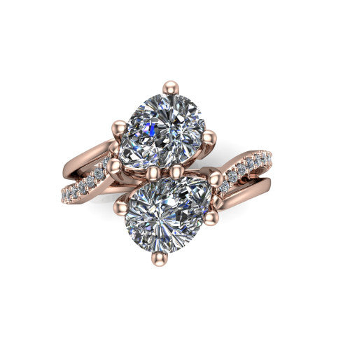 Julieta pear three stone engagement ring in 14K Rose Gold, top-down view showing two brilliant pear-cut diamonds set diagonally in a toi et moi bypass arrangement