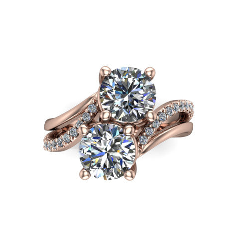Julieta round three stone engagement ring in 14K Rose Gold, top-down view showing two brilliant round diamonds set diagonally in a toi et moi bypass arrangement