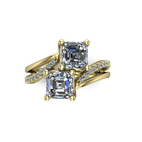 Julieta square emerald three stone engagement ring in 14K Yellow Gold, top-down view showing two step-cut square emerald diamonds set diagonally in a toi et moi bypass arrangement