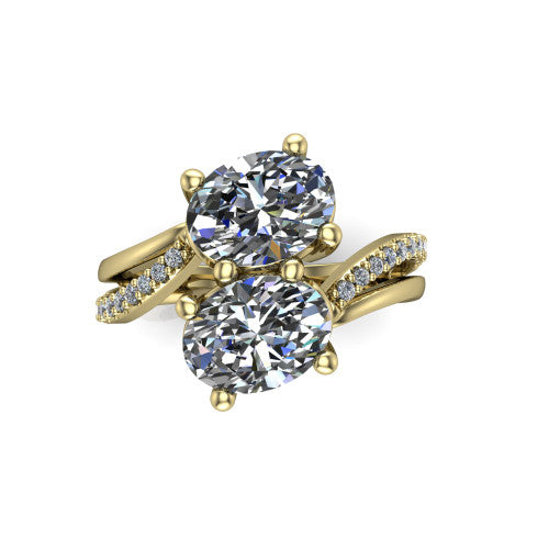 Julieta oval three stone engagement ring in 18K Yellow Gold, top-down view showing two brilliant oval diamonds set diagonally in a toi et moi bypass arrangement
