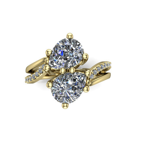Julieta pear three stone engagement ring in 18K Yellow Gold, top-down view showing two brilliant pear-cut diamonds set diagonally in a toi et moi bypass arrangement