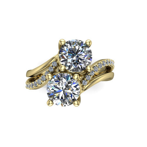 Julieta round three stone engagement ring in 18K Yellow Gold, top-down view showing two brilliant round diamonds set diagonally in a toi et moi bypass arrangement