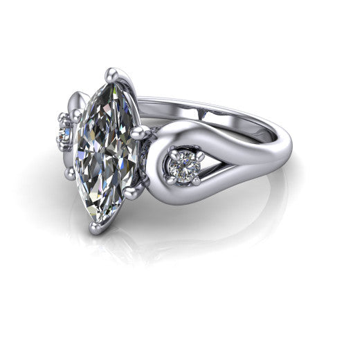 Imani marquise three stone engagement ring in Platinum, three-quarter perspective showing the brilliant marquise center diamond flanked by two round side diamonds in square frames on bypass loop shoulders