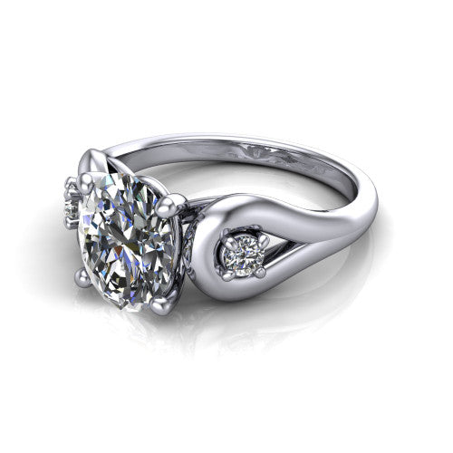 Imani oval three stone engagement ring in 14K White Gold, three-quarter perspective showing the brilliant oval center diamond flanked by two round side diamonds in square frames on bypass loop shoulders