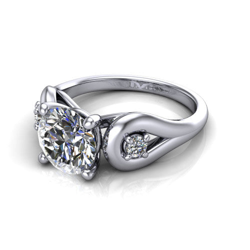 Imani round three stone engagement ring in Platinum, three-quarter perspective showing the brilliant round center diamond flanked by two round side diamonds in square frames on bypass loop shoulders