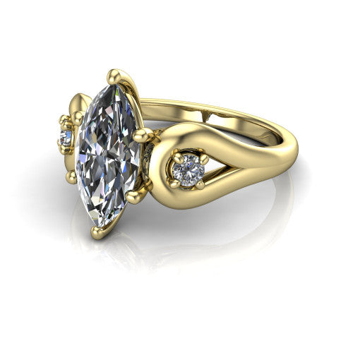 Imani marquise three stone engagement ring in 18K Yellow Gold, three-quarter perspective showing the brilliant marquise center diamond flanked by two round side diamonds in square frames on bypass loop shoulders