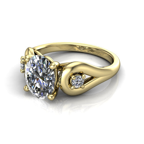 Imani oval three stone engagement ring in 14K Yellow Gold, three-quarter perspective showing the brilliant oval center diamond flanked by two round side diamonds in square frames on bypass loop shoulders