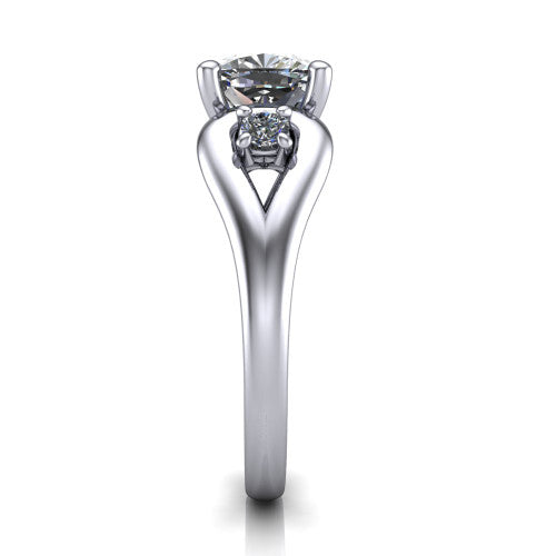 Imani cushion three stone engagement ring in 14K White Gold, side profile showing the bypass loop shoulders curving through the square side frames and slim polished band