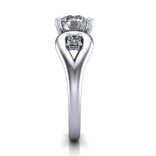 Imani round three stone engagement ring in 14K White Gold, side profile showing the bypass loop shoulders curving through the square side frames and slim polished band
