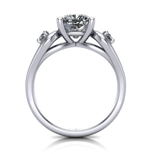 Imani cushion three stone engagement ring in 14K White Gold, through-finger front profile showing the three-stone head, square side frames, and open under-gallery