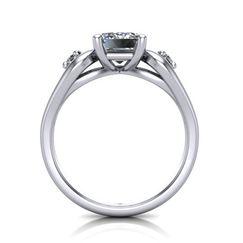 Imani emerald three stone engagement ring in 14K White Gold, through-finger front profile showing the three-stone head, square side frames, and open under-gallery