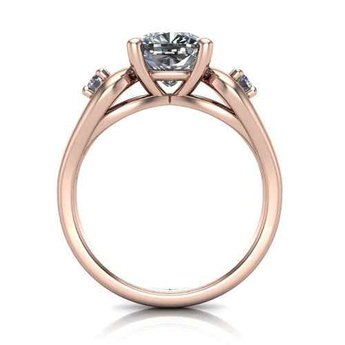 Imani cushion three stone engagement ring in 18K Rose Gold, through-finger front profile showing the three-stone head, square side frames, and open under-gallery