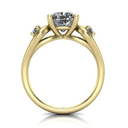 Imani cushion three stone engagement ring in 18K Yellow Gold, through-finger front profile showing the three-stone head, square side frames, and open under-gallery