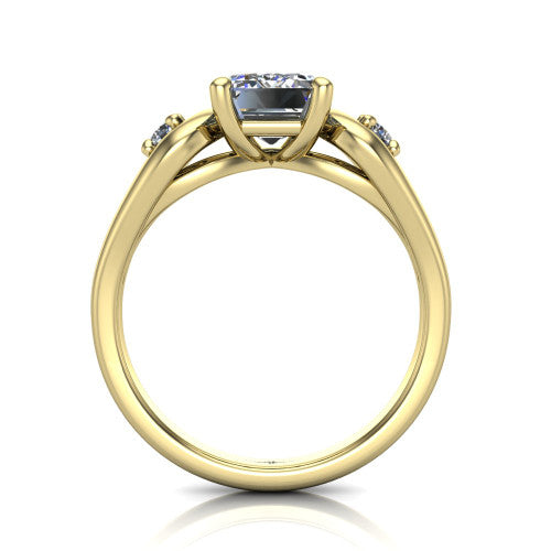 Imani emerald three stone engagement ring in 14K Yellow Gold, through-finger front profile showing the three-stone head, square side frames, and open under-gallery